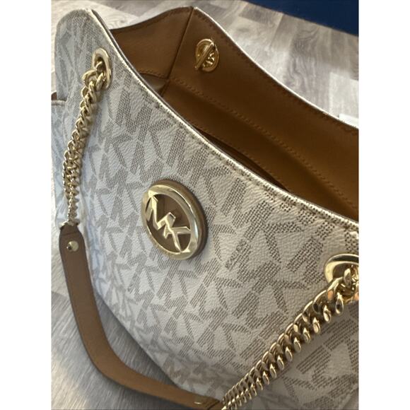 Michael Kors Authentic Signature MK Tote Shoulder Bag Chain Strap Brown/Gold - Picture 10 of 11